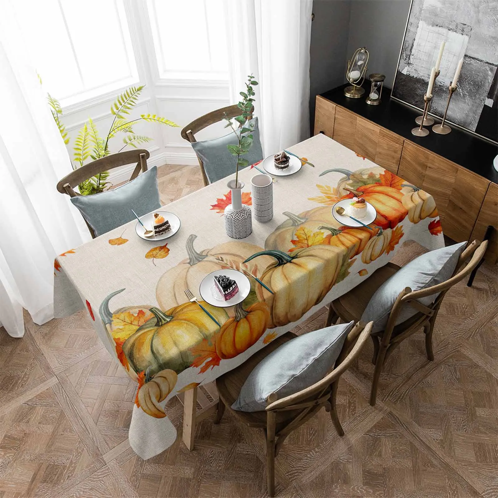 

Thanksgiving Pumpkin Maple Leaf Waterproof Table Cloth Holiday Wedding Party Rectangular Table Cover Home Kitchen Decor