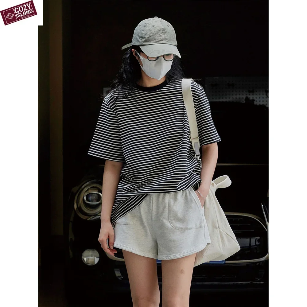 

Summer Striped Tshirts Women Cotton Loose O-Neck Tees Casual Short Sleeves Tops Female Simple White T-shirts Aesthetic Clothes