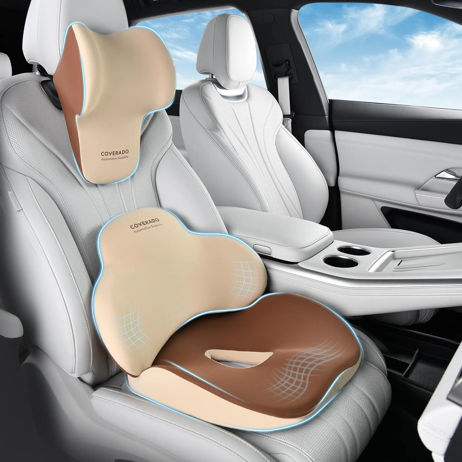 

Coverado Car Seat Cushion and Lumbar Support with Headrest 3 Peices, Beige