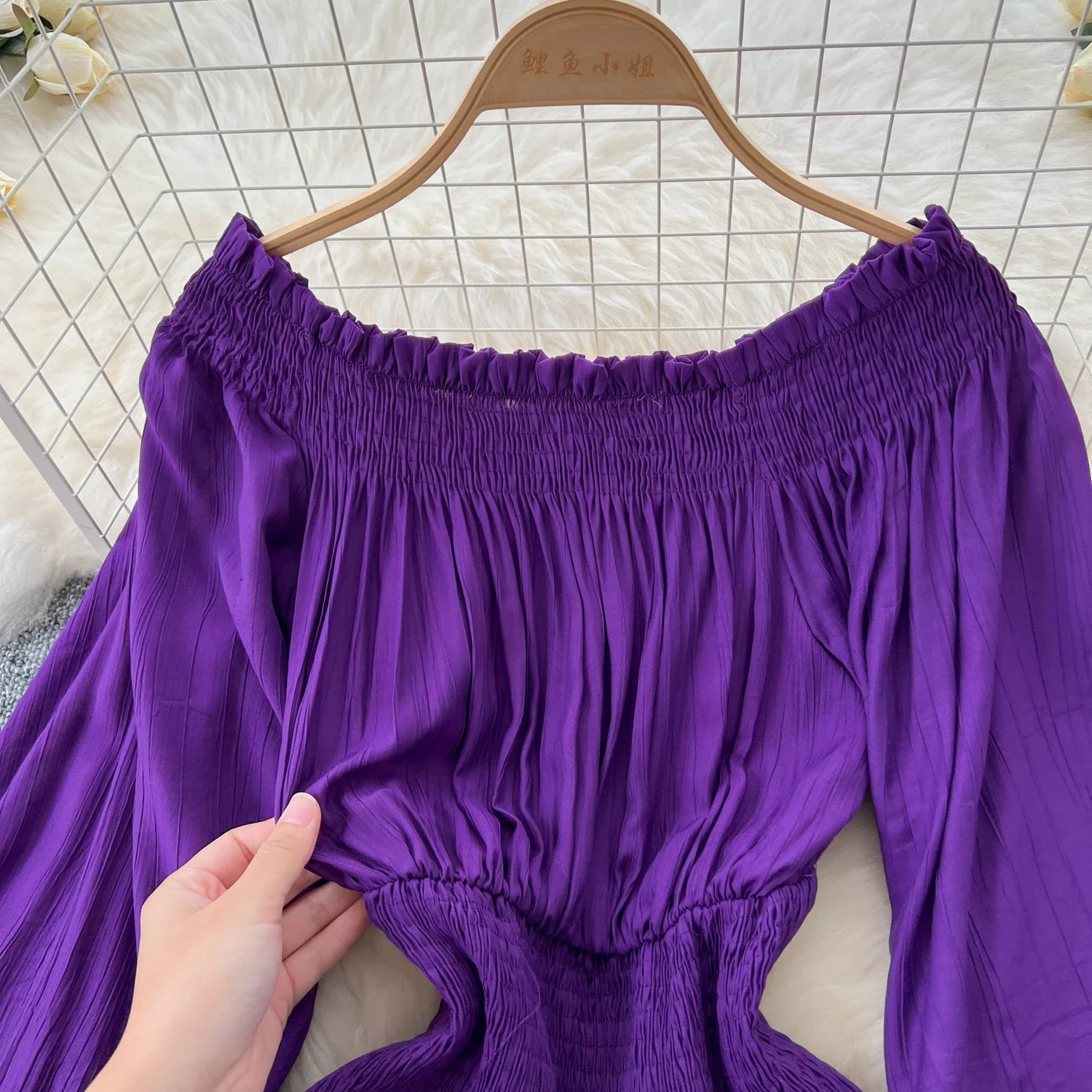 Vintage Slash Neck Basics Long Lantern Sleeve Chic Pleated Slim Split Dresses French Evening Women High Street Autumn Clothing