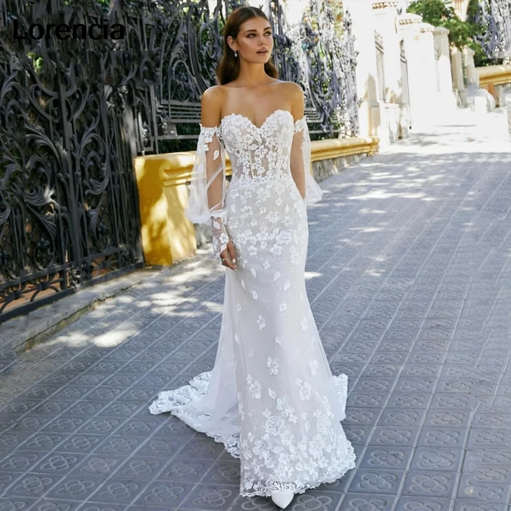 

Customized Elegant Mermaid Wedding Dress Detachable Puff Sleeve Lace Applique Bridal Bride Gown Button Vestidos De YMW158