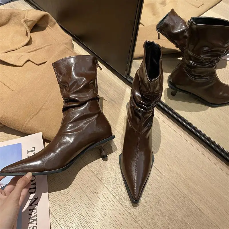 

Dropshipping New British Style Chelsea Women's Boots Pointed Stiletto Height Slim Boots Back Zipper Women's Mid-Leg Boots