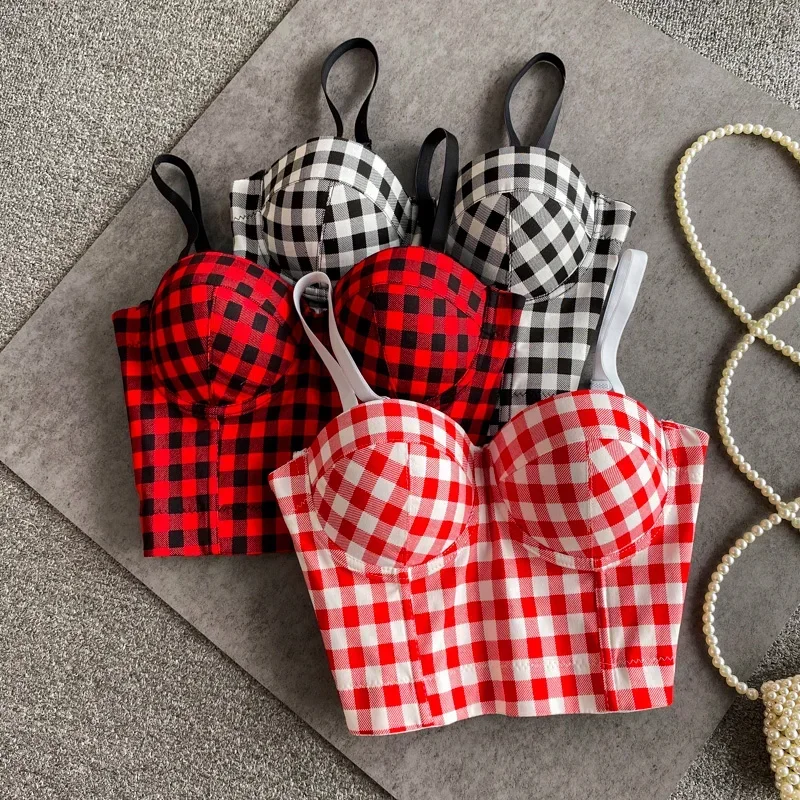 Vintage Spaghetti Strap Tanks Camis for Women Almighty Casual Plaid Patchwork Femme Croset Crop Tops with Built In Bras Camisole