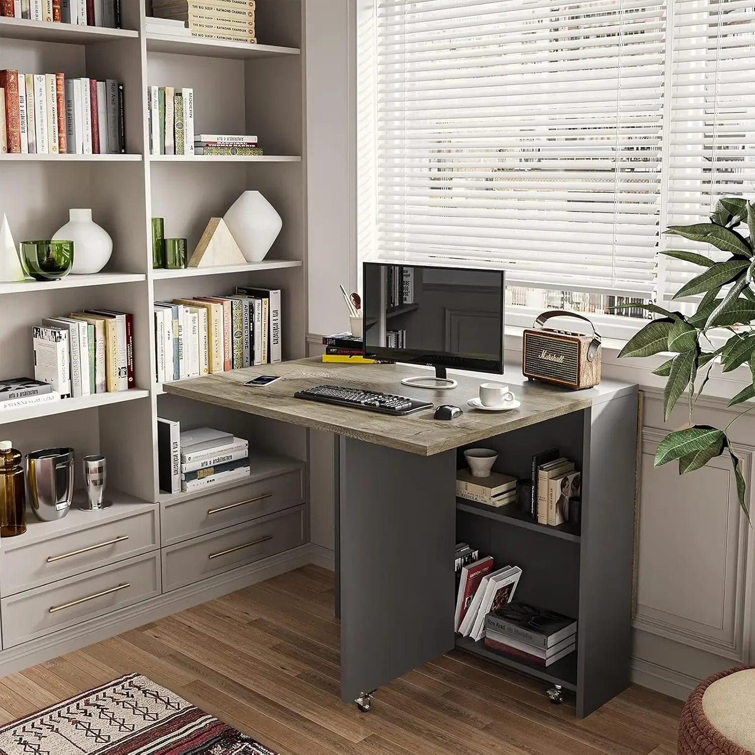 Table with 6 Wheels and 2-Layer Storage Shelf, Space Saving Dining Table for Small Spaces, Chestnut and Gray