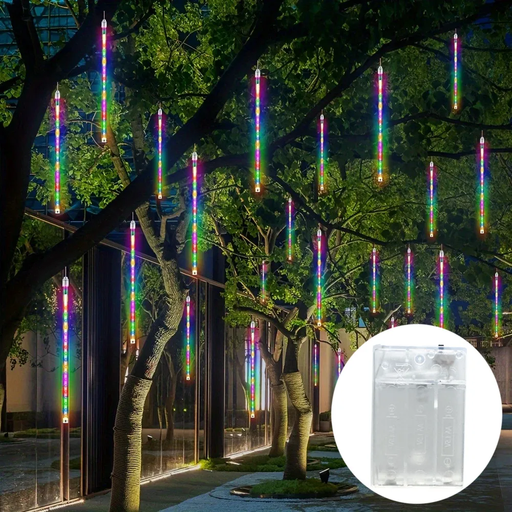 

Battery Powered Outdoor Meteor Shower Christmas Lights 8 Tubes 192 Led Hanging Lights for Garden Tree Holiday Party Decoation