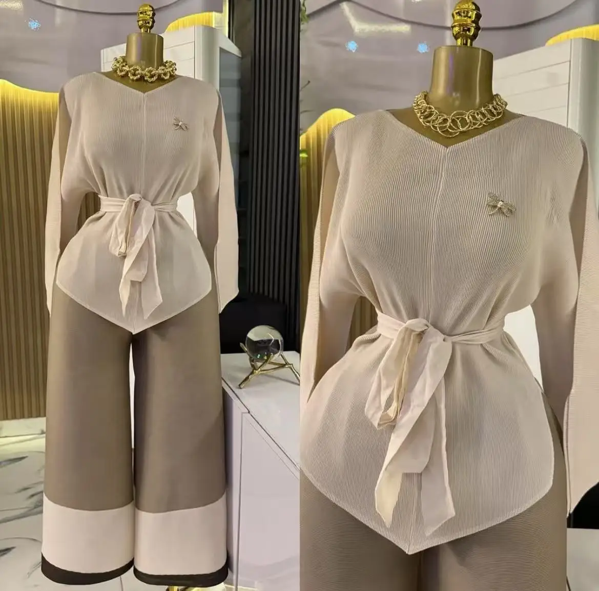 

Miyake African Fashion Loose Women's Suit Irregular Folds Color Matching Lace-Up Top Loose Wide Leg Pants Two-piece Set 2025 New