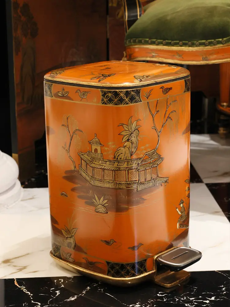 French Chinese Style Luxury Fashion Orange Hand Painted Landscape Gold Foil Villa Foot Pedal Decorative Trash Can
