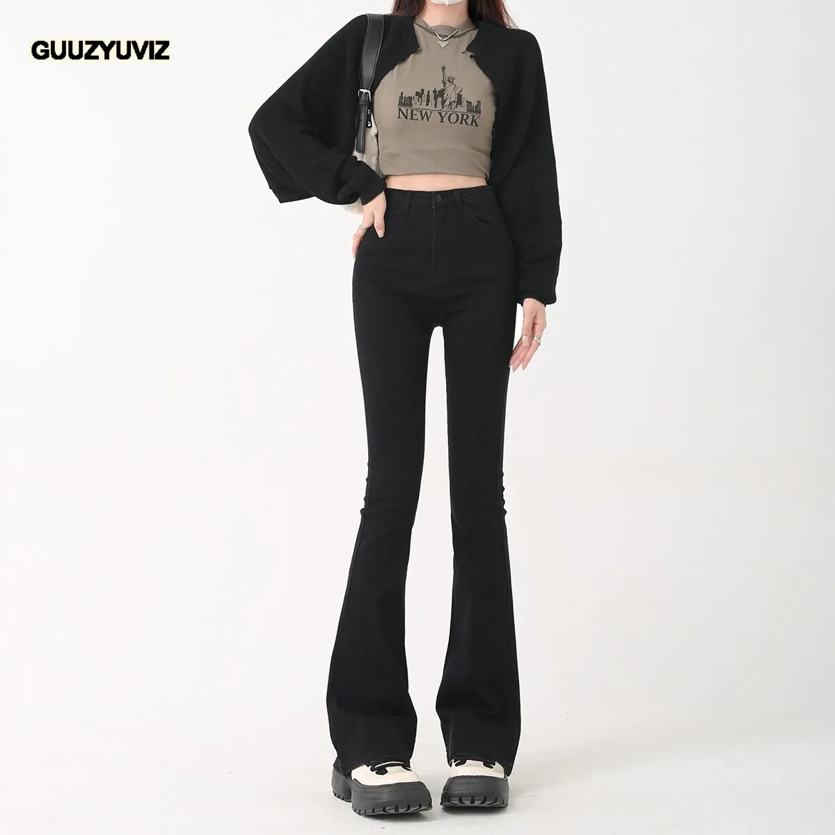 

GUUZYUVIZ Black Stretch Flare Jeans Woman High Waist Elastic Denim Bell-bottoms Pants