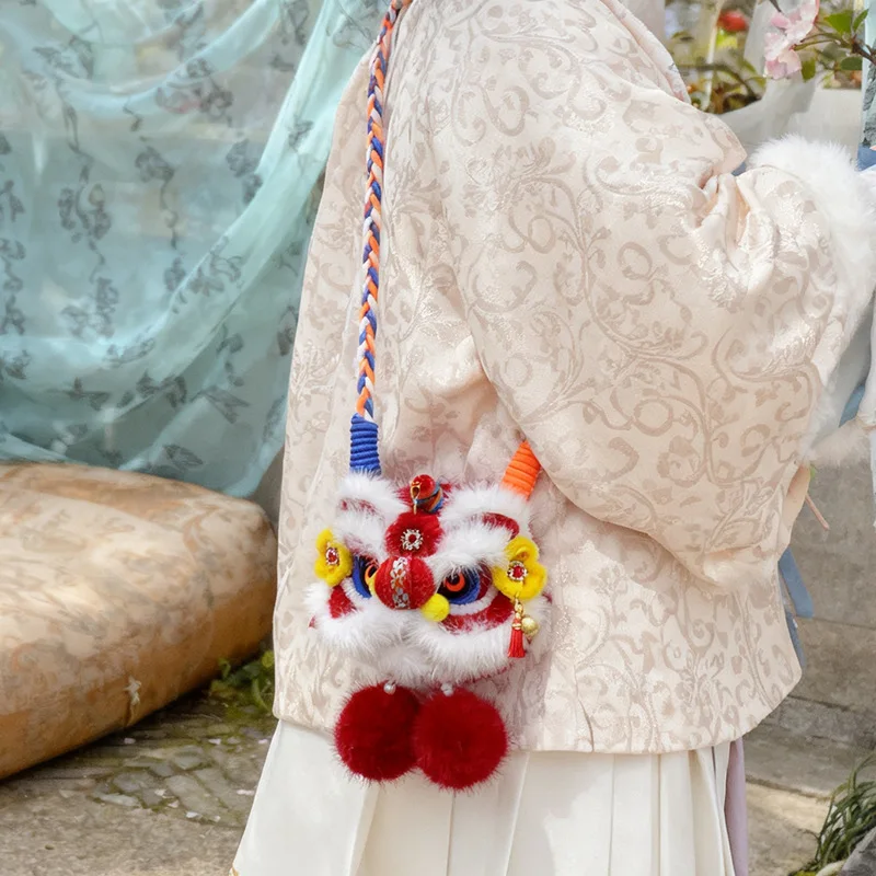 

Chinese Style Cute Lion Dance Plush Women Crossbody Bag Handmade Shoulder Bag Soft Hanfu Accessories Key Bag Wallet New Year