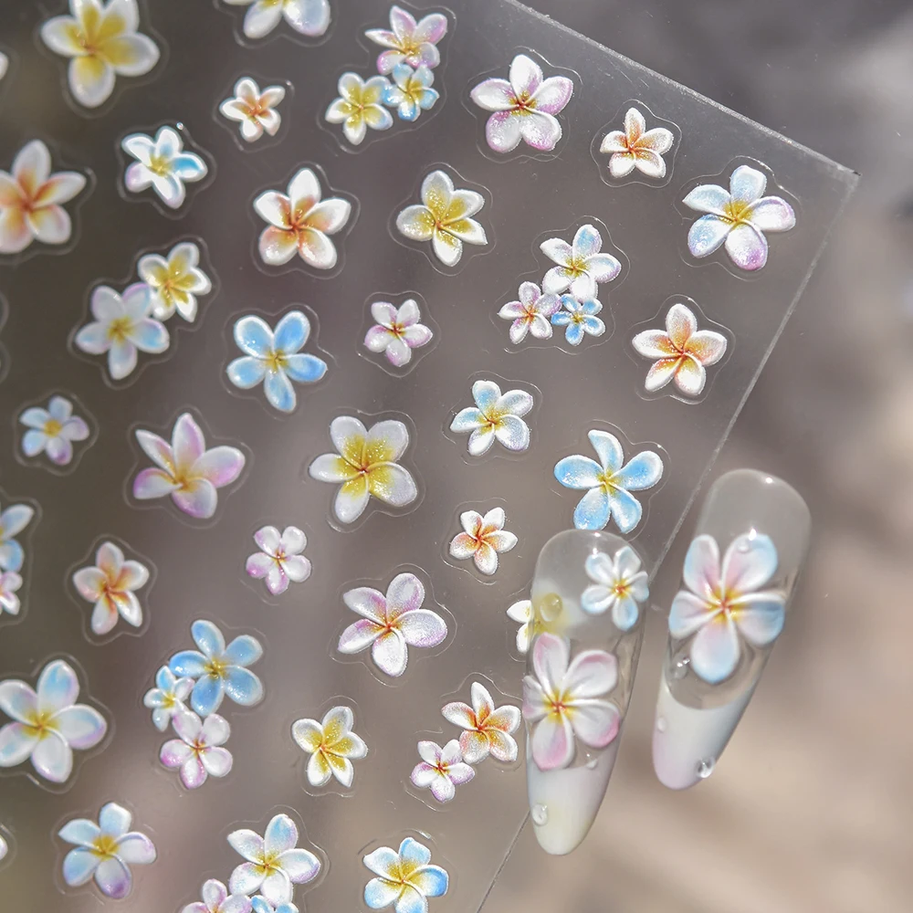 Helle bunte Frangipani-Blüte, hawaiianische Blume, 5D-Nagelkunst-Aufkleber, tropische Plumeria-Nagelaufkleber für Sommer-Strand-Maniküre