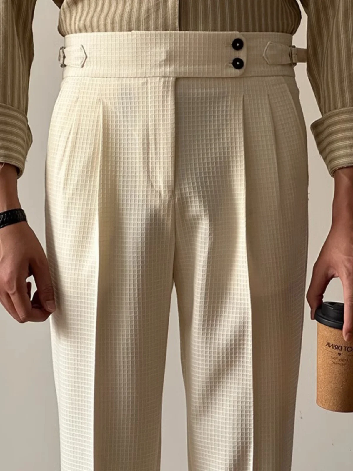 

High Waist Straight Leg Naples Khaki Trousers Double Pleat Casual High Quali Ele Plaid Men's Long Pants Summer Busin