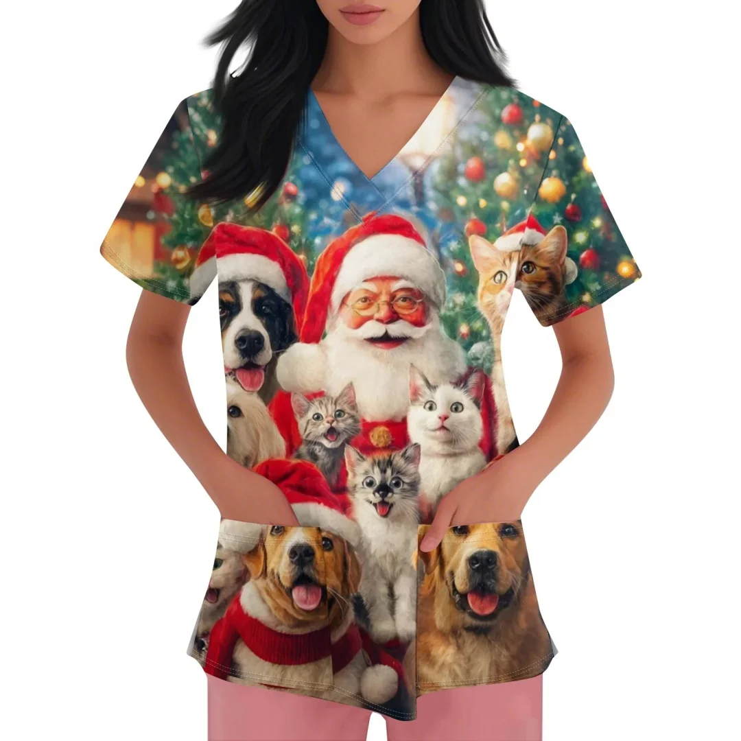 Christmas Women's V-Neck Fashionable Casual Nurse Uniform Women Sleeved Short Christmas Tree Printed Comfortable Work Uniform