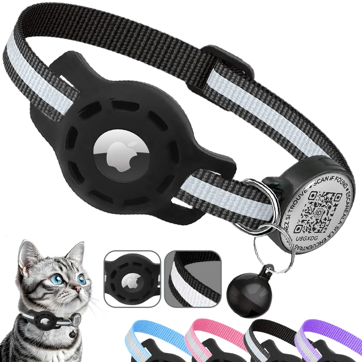 GPS Air Tag Cat Collar with QR ID Tag, AirTag Holder Pet Collar for Cats  Anti-Lost Apple Airtag Case kitten collar Puppy gato