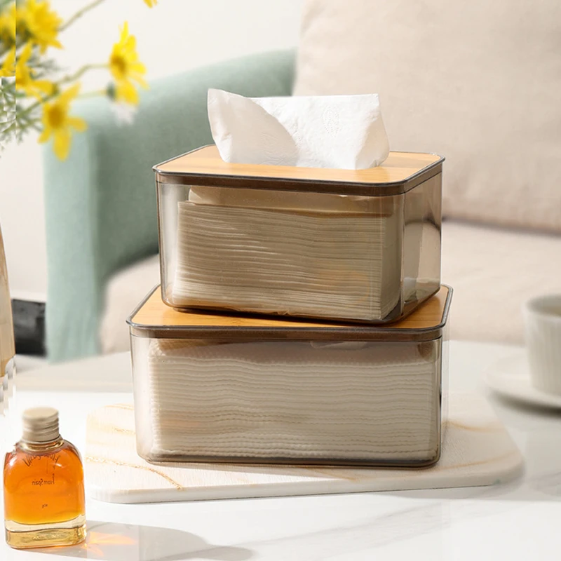 Capa de bambu caixa de tecido suporte de papel transparente para escritório em casa armazenamento multifuncional simples organizador caso