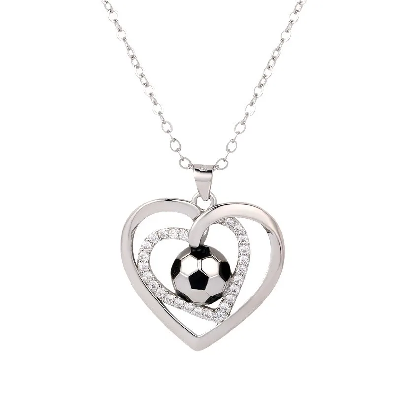 Love Heart Soccer Ball Pendant Necklace For Women, Rhinestone Stainless Steel Sports Football Necklace, Fans Jewelry Gift