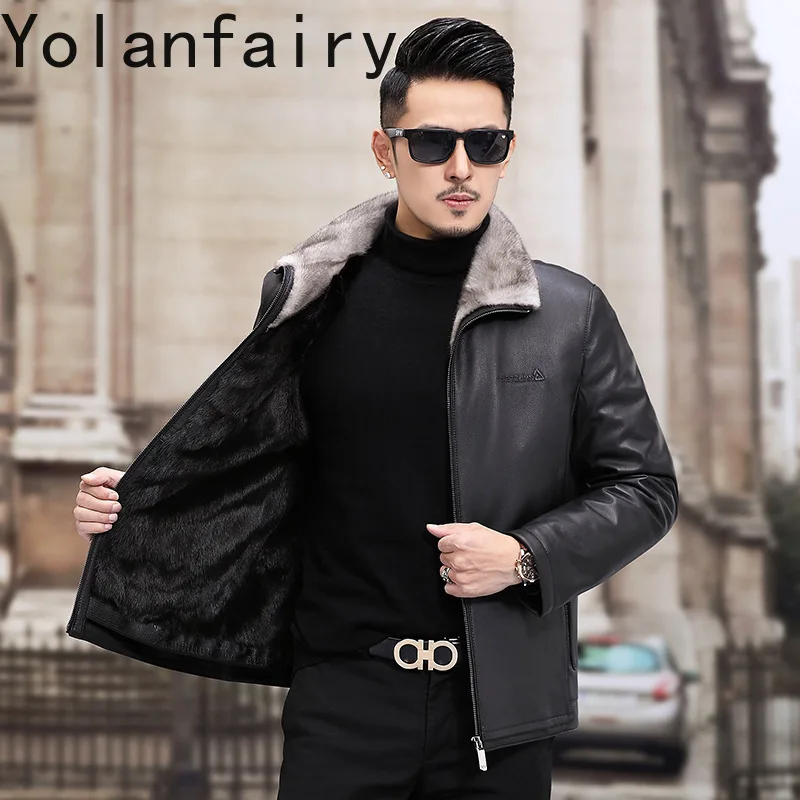 YOLANFAIRY Leather Jacket Genuine Sheepskin Men's Clothing Casual Winter New in Jackets Mink Liner Coats Chamarras De Piel