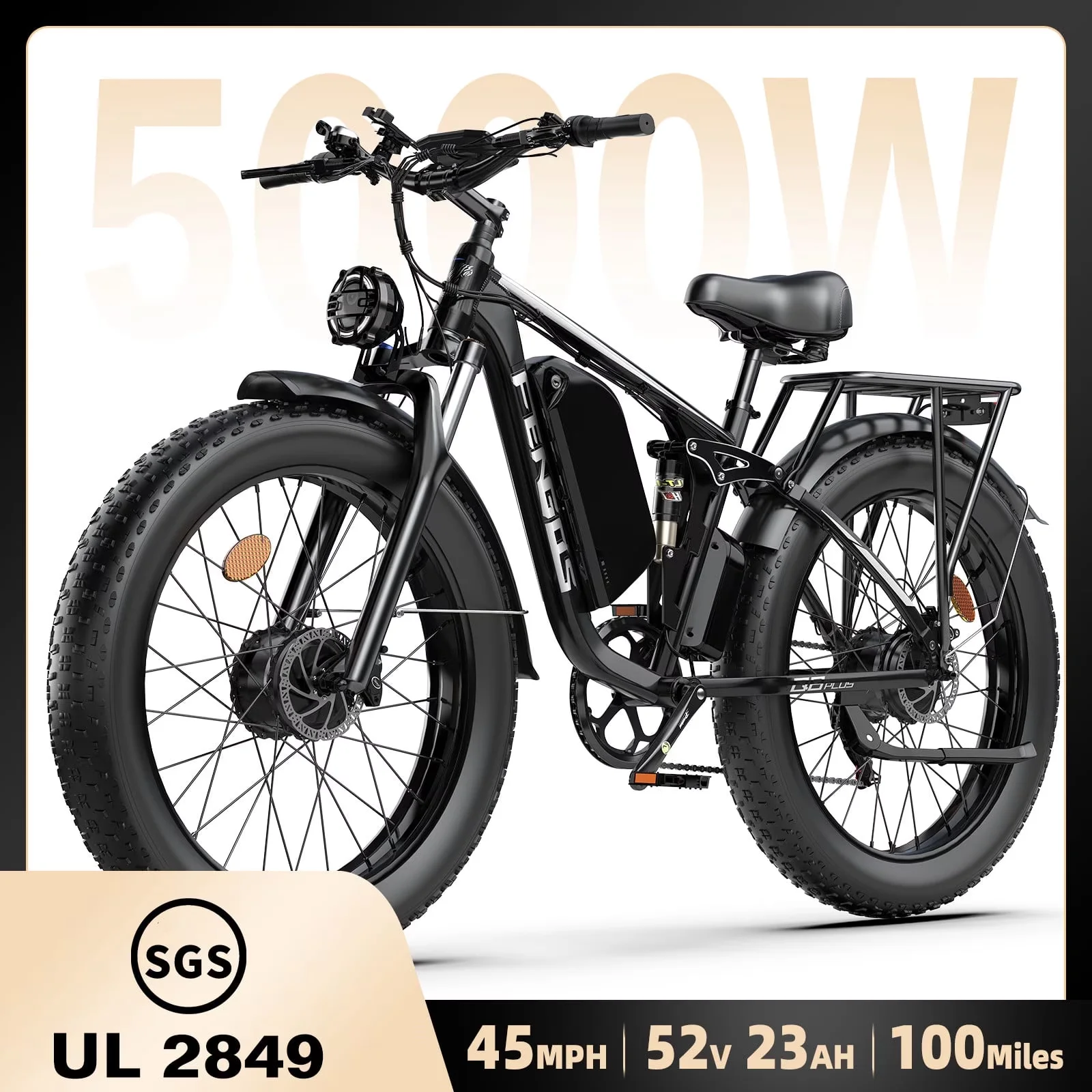 FENGQS Q8PLUS 52V 5000W Adult Fat Tire Mountain/Urban Electric Bicycle, Dual Motor Ebike, Front and Rear Double Shock Absorber Full Suspension. 100 Mile 26 inch Inflatable Tire Off-Road, Color Display Screen.