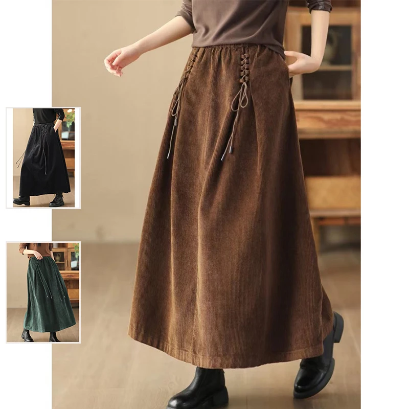 Plus Size Retro Solid Corduroy A Word Skirt Plus size women clothing Autumn and Winter Lace-up Design High Waist Long Big Hem...