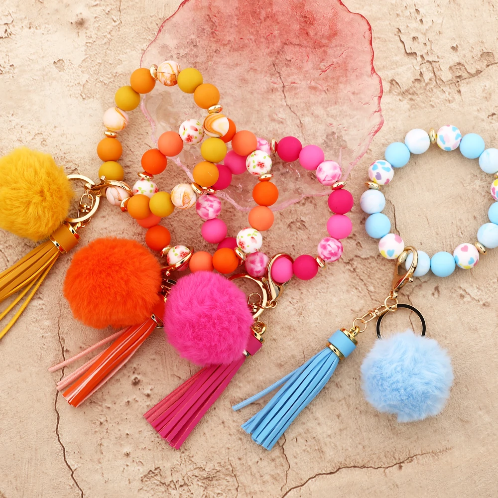Silicone Beads Elastic Bangle Bracelet Keychain Women\'s bracelet gift  Hairball Silicone Beads Bracelet Wristlet Keychain