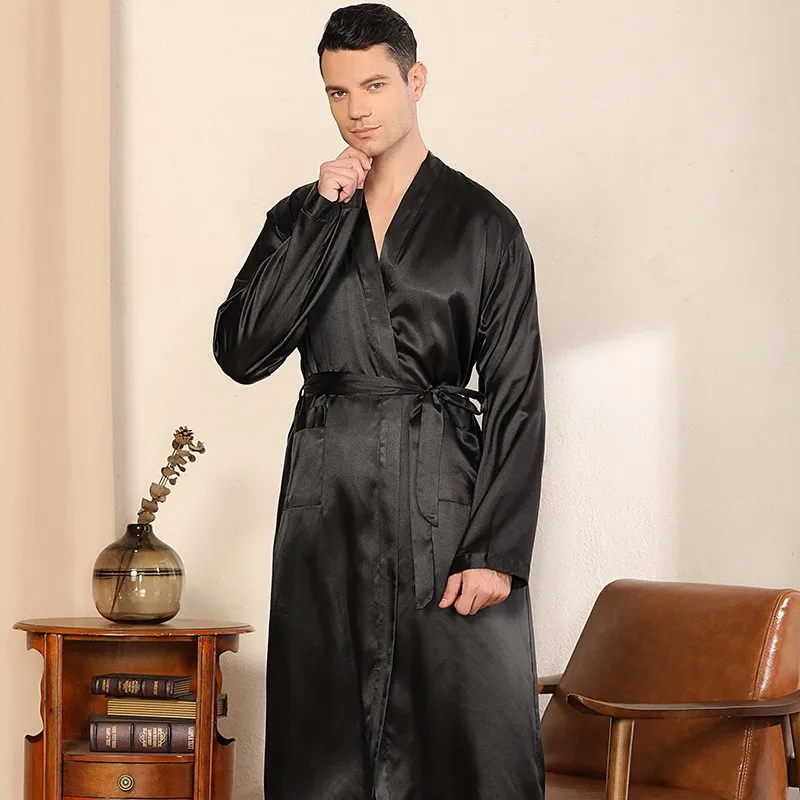 Loose Men Robe Sexy Male Summer New Sleepwear Bathrobe Satin V-Neck Kimono Bath Gown Long Casual Nightgown Intimate Lingerie