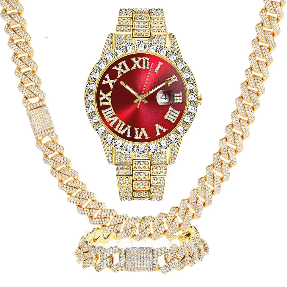 

3PC Red Dail Calendar Luxury Watch Necklace Bracelet Jewelry Set for Men Bling Gold Silver Diamond Man Box Iced Out Cuban Chains