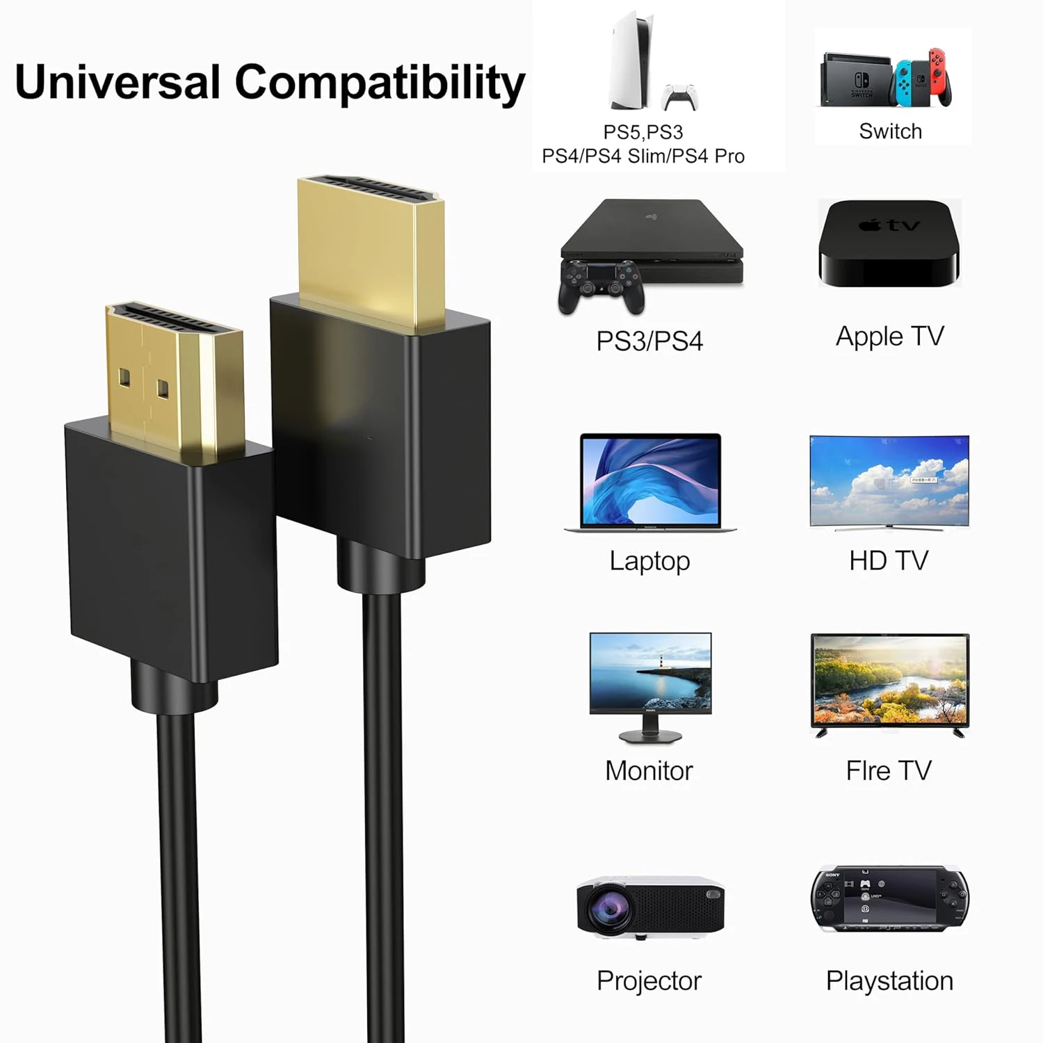 4K Slim HDMI-compatible Cable High Speed Cord Thin to Male Cable Gold-Plated 4K 2K HDR ARC 3D HDCP 2.2 for Monitor TV X-Box PS