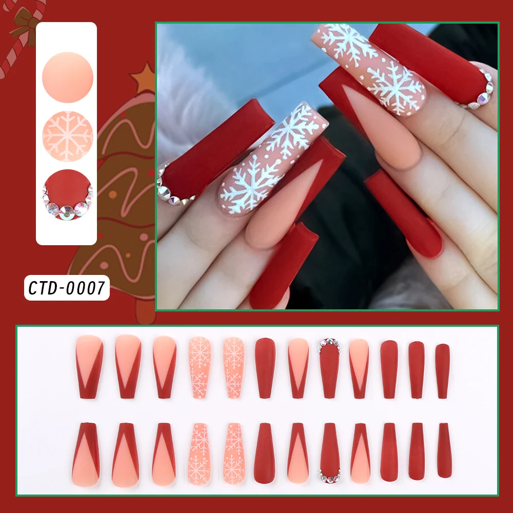 24pcs Christmas Red Long Coffin Press on Fake Nails 3D Rhinestones Snowflakes False Nail Tips Full Cover Wearable Xmas Nail Deco