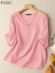 2023 ZANZEA Summer Solid Color Stylish Blouse Women 3/4 Sleeve V-Neck Cotton Chemise Korean Blouses Female Elegant Casual Tops