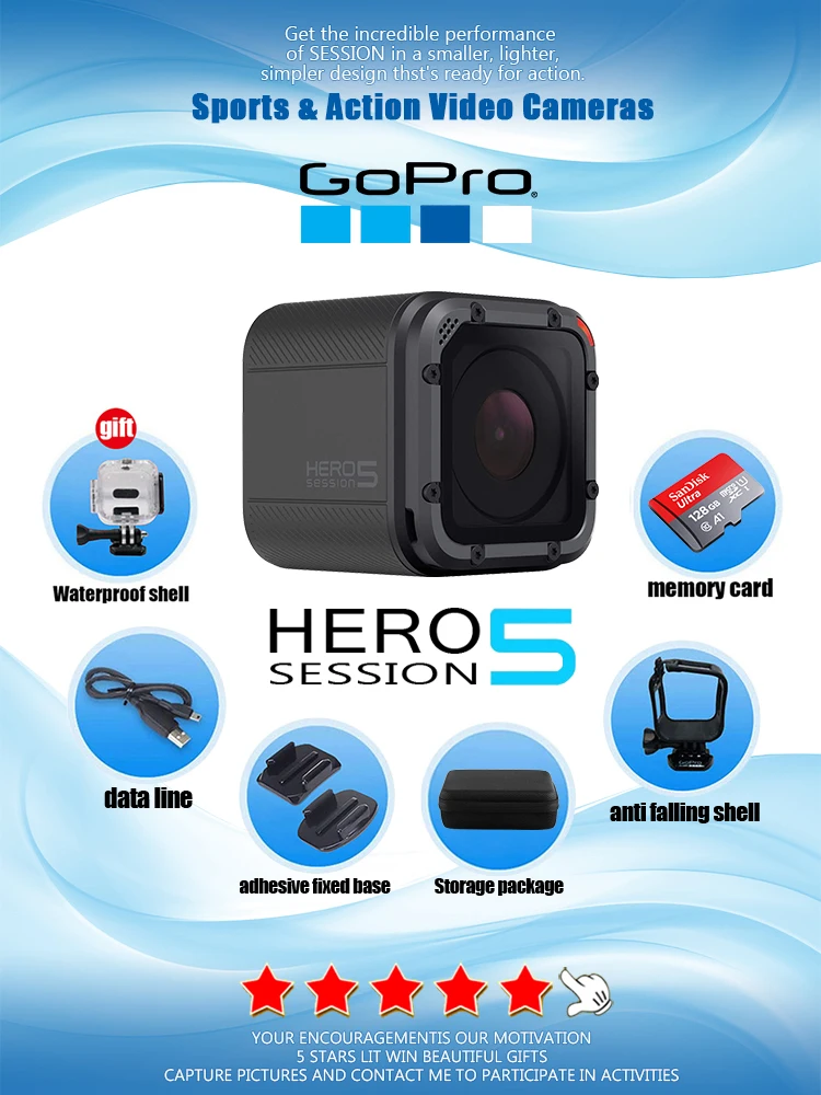 Câmera GoPro HERO 5 para sessões, câmera de bolso HD com controle sem fio, câmera digital esportiva 4K para atividades ao ar livre