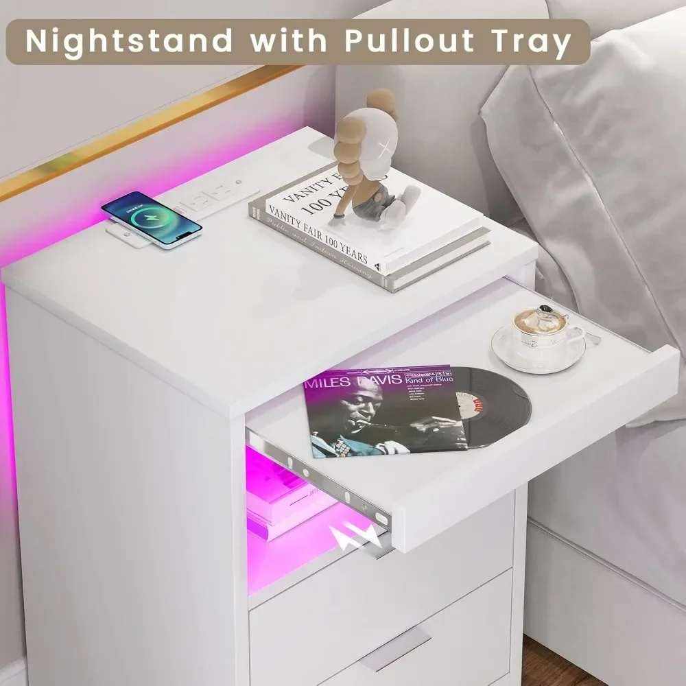 LED Nightstands  Nightstand with Wireless Charging Station 2 Drawers, Modern Bedroom End Side Table with LED Lights image 6