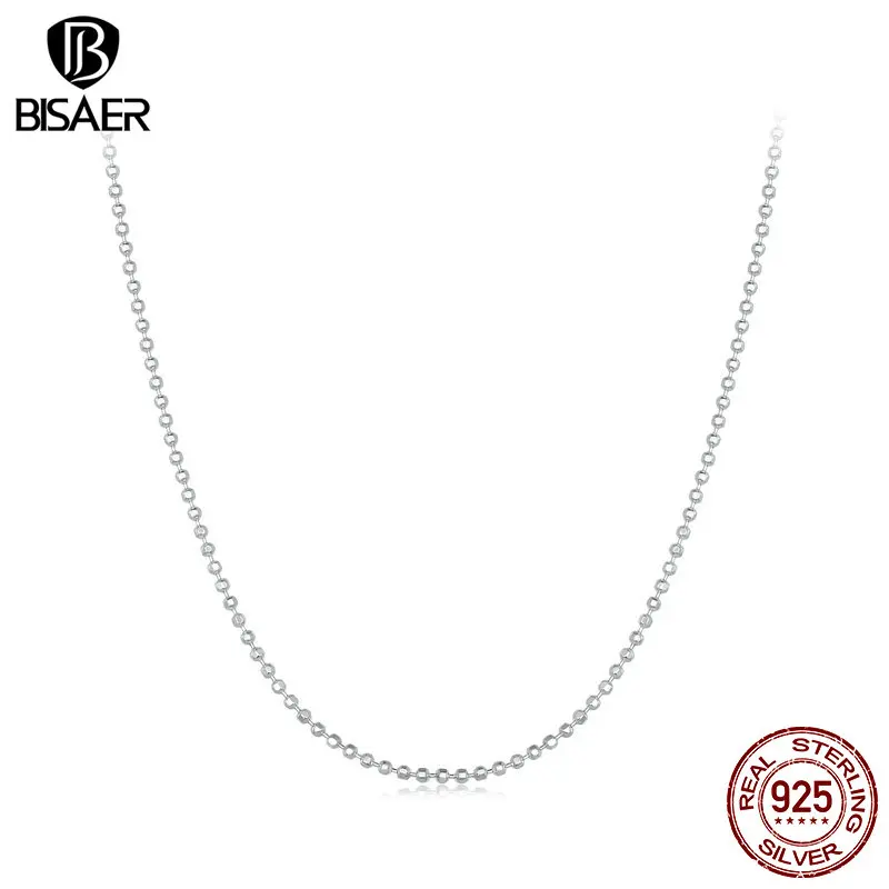 BISAER 100% 925 Sterling Silver Flash Bead Basic Necklace Stacking Chain Plated Platinum for Women Fine Jewelry Party ECA027