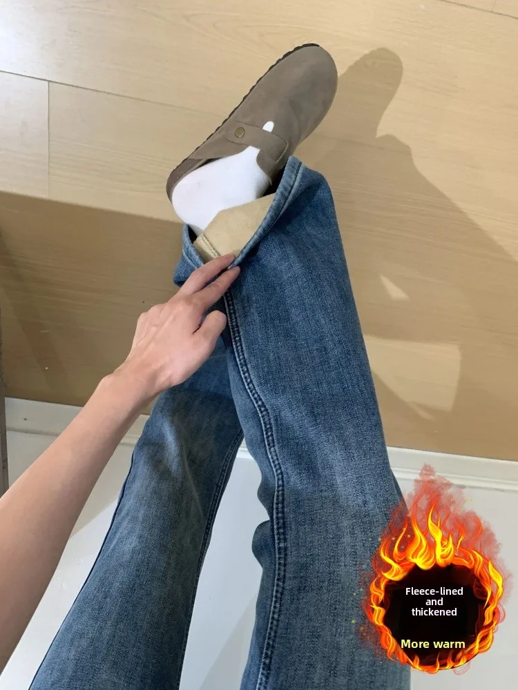 ريترو الأزرق Fce اصطف Thiened مايكرو متوهج الدينيم الجينز المرأة الشتاء حجم كبير عالية الخصر مطاطا جرس بوت بنطلون طويل #1