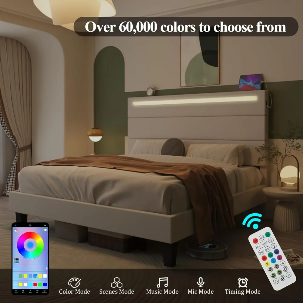 إطار سرير بحجم كوين مع لوح رأسي، وأسرة منصة منجدة حديثة مع منافذ USB وأضواء LED، ودعم شرائح خشبية قوية