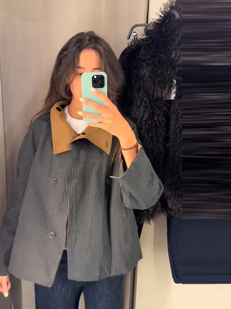 

Chic Double-sided Stand Short Jacket Women's Loose Full Sleeve Pockets All-match Coat 2025 Autumn Winter Lady Street Outerwear