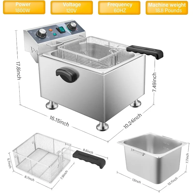 13L 13.7QT مقلاة عميقة تجارية 1800 وات 120V18.7 رطل مع التحكم في درجة الحرارة ومؤقت سلة كبيرة مقلاة رائجة البيع