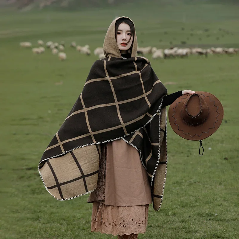 Poncho Imitation Kaschmir Neuer Tourismus-Umhang Damen Kapuze Wärme Verdickter Schal Foto-Overlay mit Strickschal Lady Capes