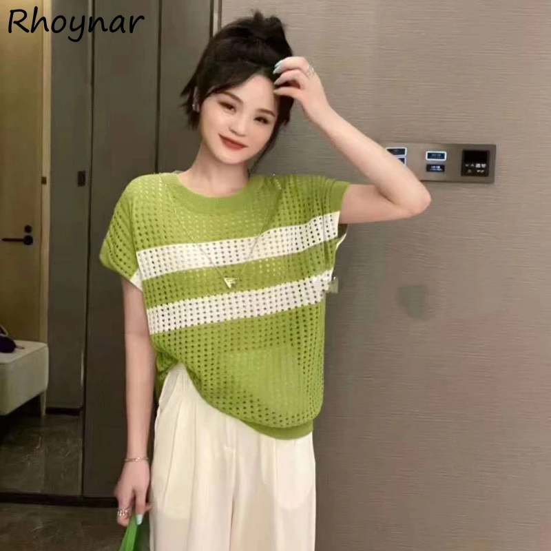 Sleeveless Pullovers Women Striped Hollow Out Loose Design Elegant Holiday Cool Streetwear Retro Preppy Girlish Ulzzang Summer