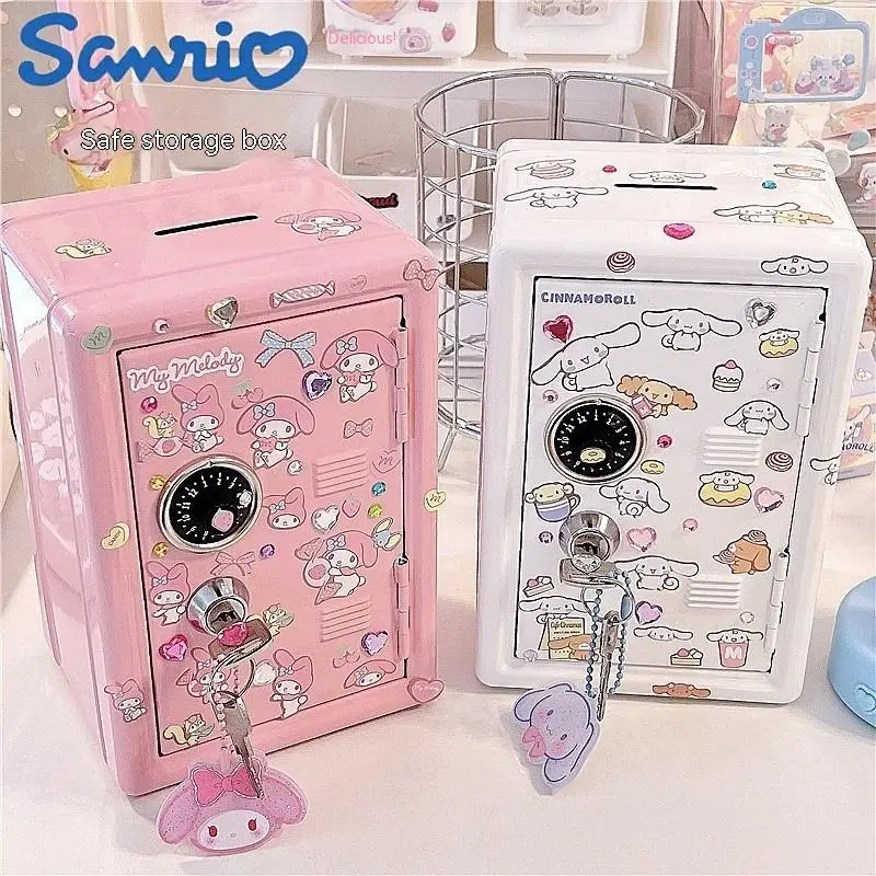 

New Sanrio Cute Kawaii My Melody Cinnamoroll Wrought Iron Safe Piggy Bank Anime Heart Cute Sticker Storage Key Cabinet Girl Gift