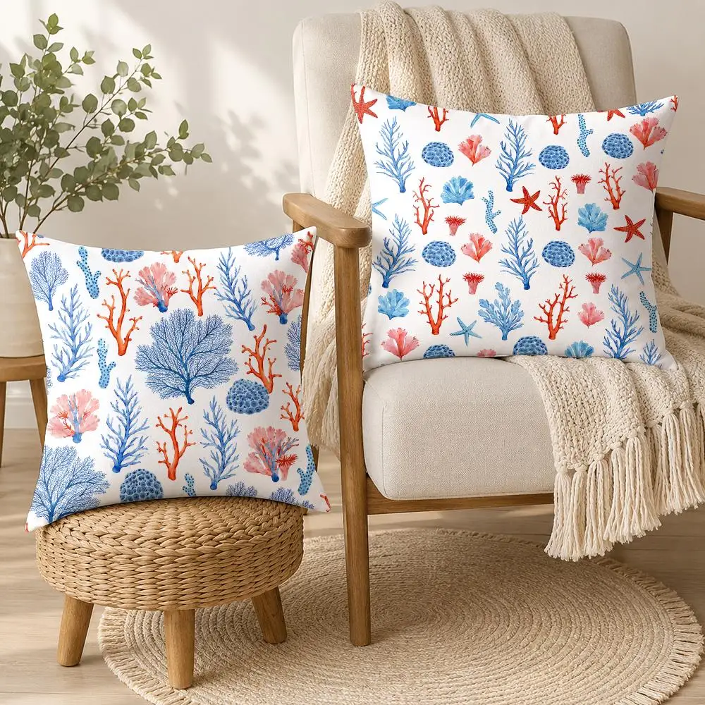 Coral Starfish And Crab Print Cushion Cover Square Decorative Throw Pillow 40x40cm For Sofa Bedroom Living Room Home Decor