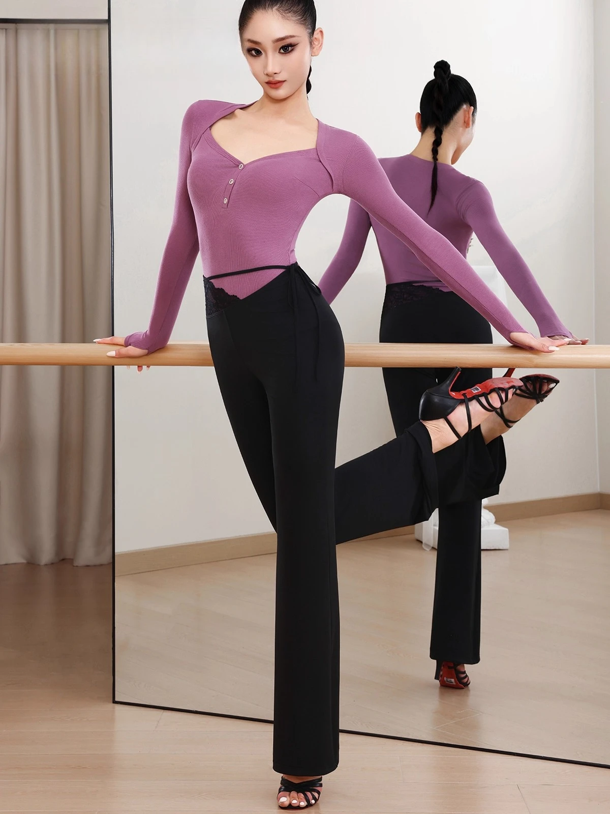 

UK Latin Dance Dress Long Sleeve Leotard with Lace Insertion & Cut-Out Tie Side Latin Pants Set for Women Practice