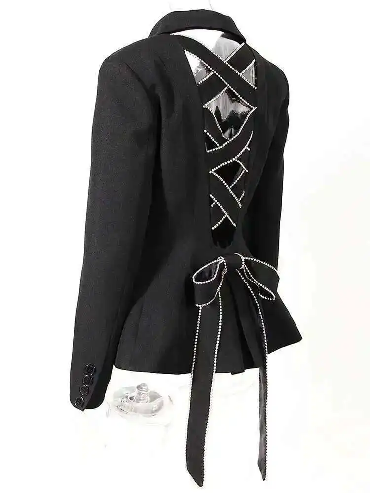 Designer Black  Bow Hollow Out Rhinestones Blazer Women New Lapel Long Sleeve Loose Fit Jacket Fashion Spring Autumn 2025 пид