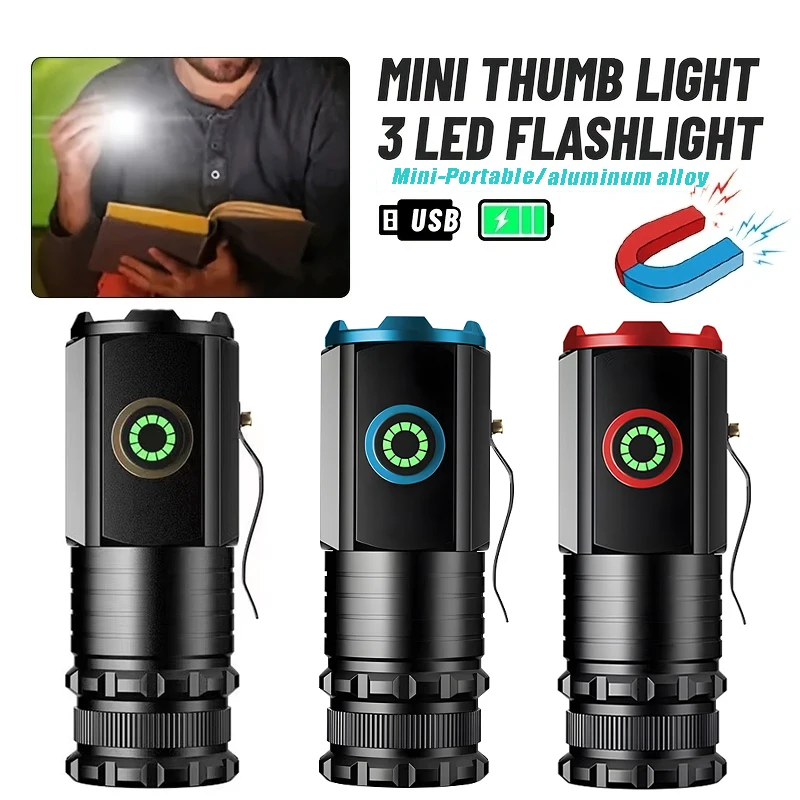 2000LM 3LED Mini  Flashlight Powerful Type-C Rechargeable 18350 Battery Torch Lamp with Tail Magnet Tactical Lantern for Camping