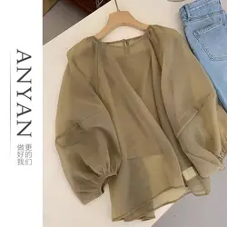 Blusa feminina de cor sólida estilo fino, elegante vintage respirável pulôveres, blusa de rua alta casual solta que combina com tudo, novo, verão