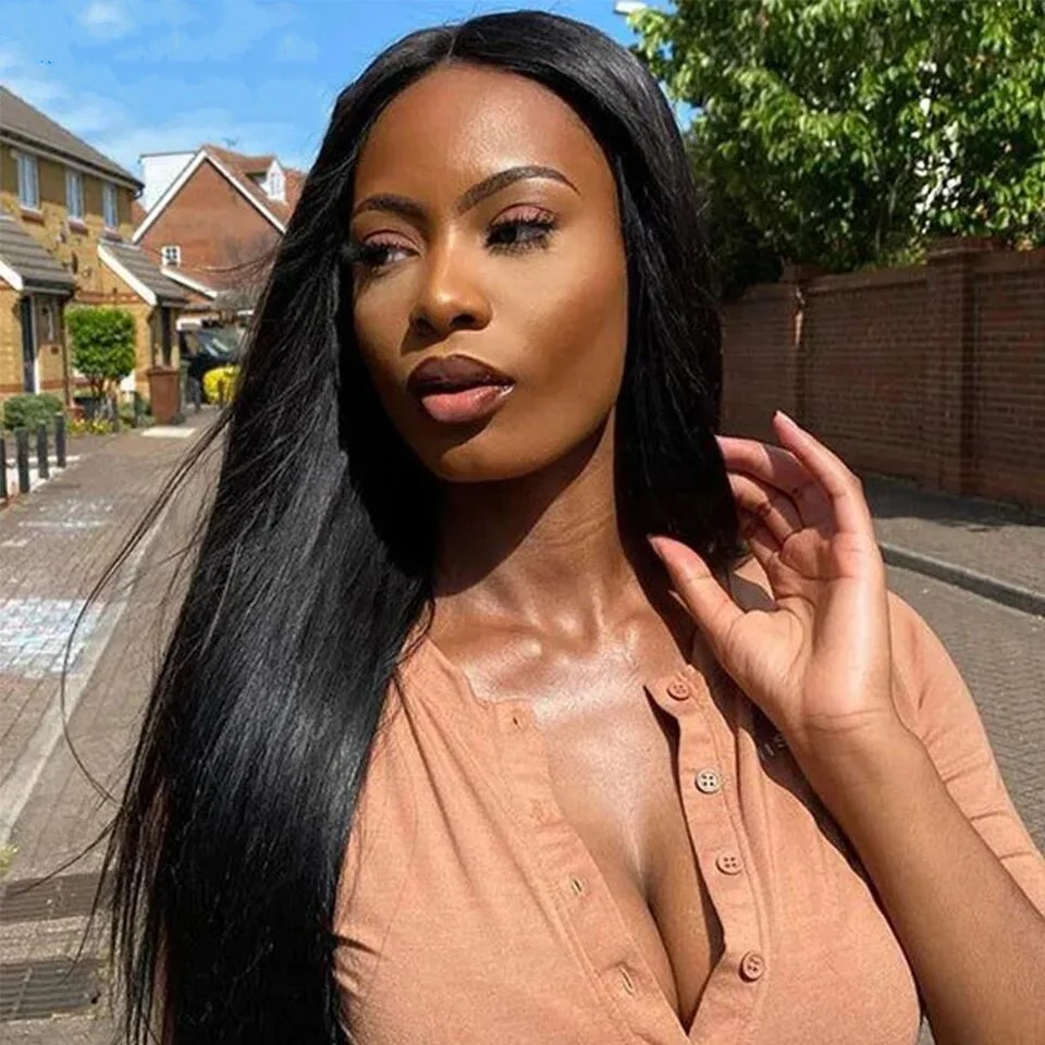 ソフトロング-26-インチブラックシルクストレート-13-×-4-×-1-レースフロントウィッグ黒人女性のための合成事前摘み取りグルーレスベビーヘア毎日