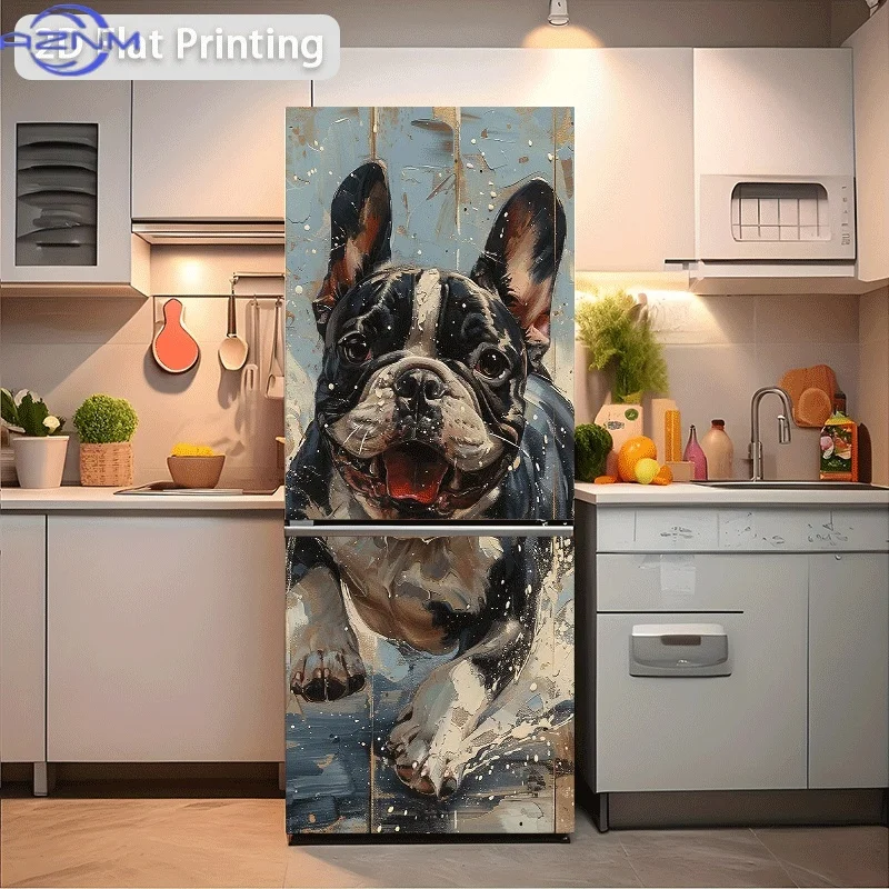 Printing Refrigerator Sticker Cheerful Running Bulldog Themed Scene Wall Decal Self-Adhesive Wallpaper Suitable for C