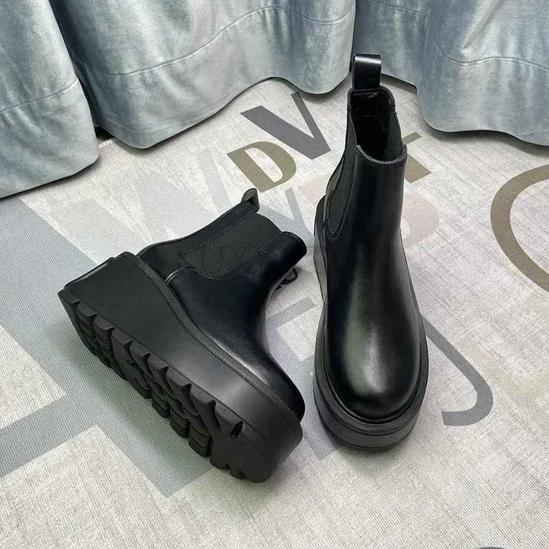 Botas de plataforma chelsea para mulheres, sapatos góticos punk chunky, marrom, preto, curto, outono, inverno, novo, 2023