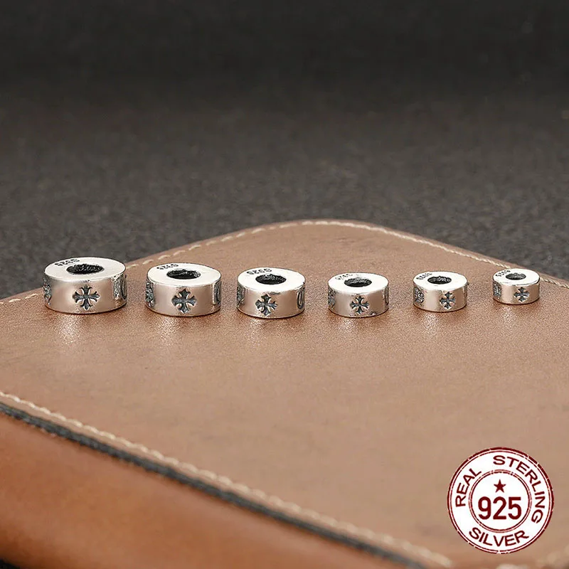 

S925 pure silver handmade personalized cross shaped spacer beads flat beads retro made old spacer barrel beads DIY jewelry