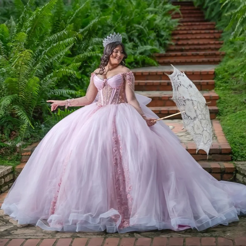 

Light Pink Quinceanera Dress off-shoulder Sequins Flower Decal Long tail Bow vestidos de 15 Quinceanera ﻿Customize