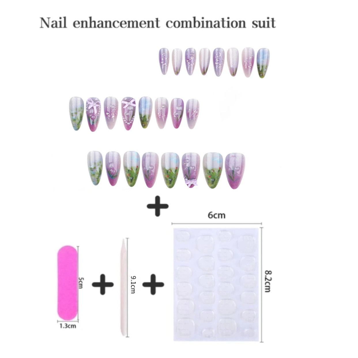 24 stks Middellange Druk Op Nagels Glitter Paars Nep Nagel Patches Met 3D Boog Parel Ontwerpen Zoete Ins Stijl Valse Nagel Tips
