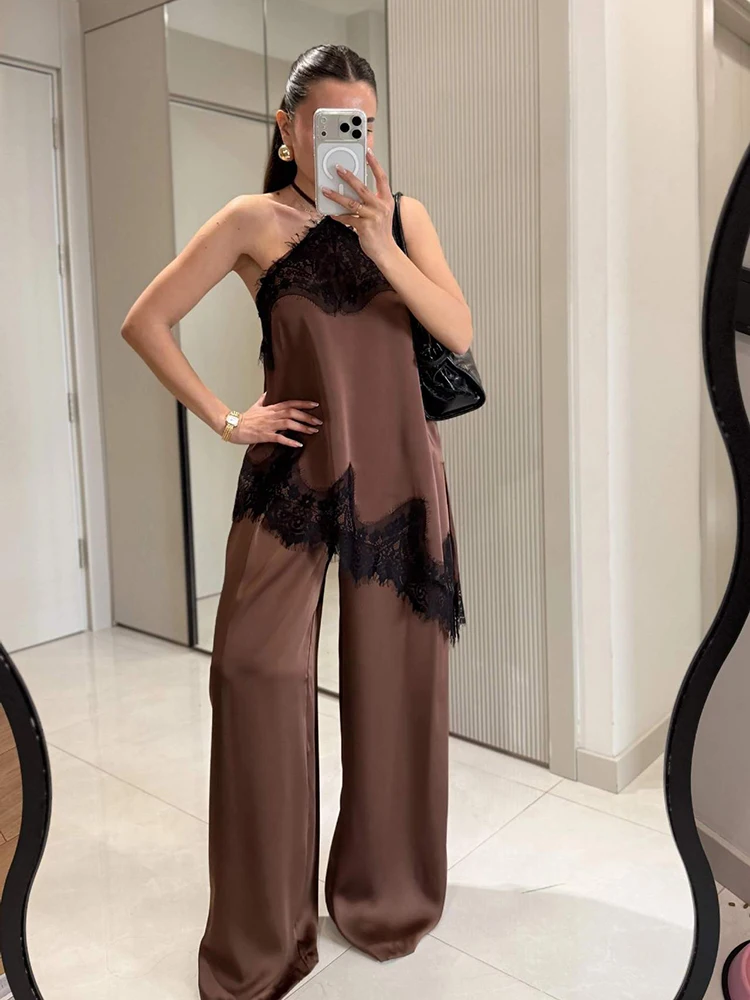 Satin Halter Neck Lace Trim Asymmetric Top & Wide-Leg Pants 2-Piece Set Lace Halter 2026 Summer Elegant Women Feminine Outfit